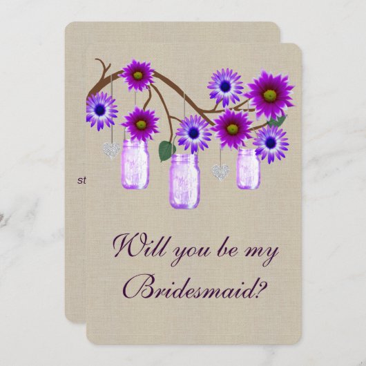 Burlap Rustic Lila Mason Jars Bridesmaid Card Einladung (Vorne/Hinten)