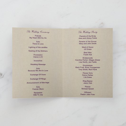 Burlap Rustic Lila Mason Jars Programmkarte Programm (Innenseite)