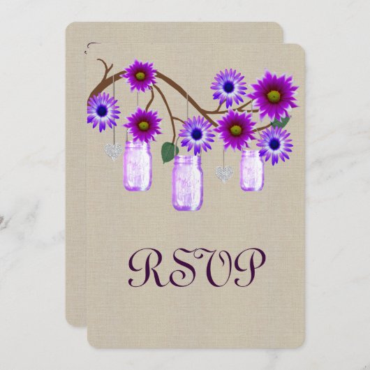 Burlap Rustic Lila Mason Jars Response Card Einladung (Vorne/Hinten)