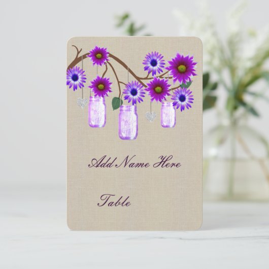 Burlap Rustic Lila Mason Jars Table Platzkarte (Stehend Vorderseite)