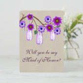 Burlap Rustic Lila Mason Jars Trauzeugin Card Einladung (Stehend Vorderseite)