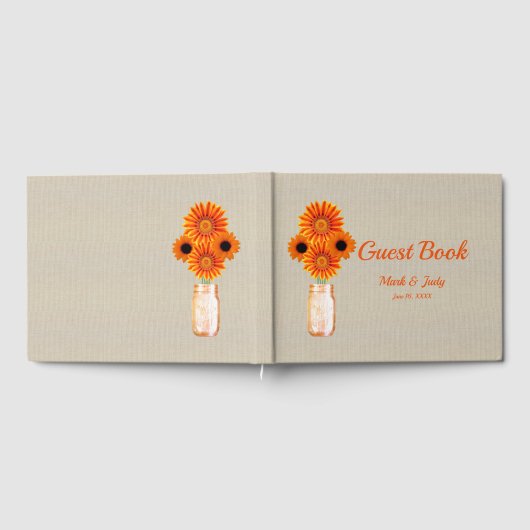 Burlap Rustic Orange Floral Mason Jar Wedding Gästebuch (Voll)
