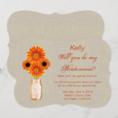 Burlap Rustic Orange Mason Jar Bridesmaid Card Einladung (Vorne/Hinten)