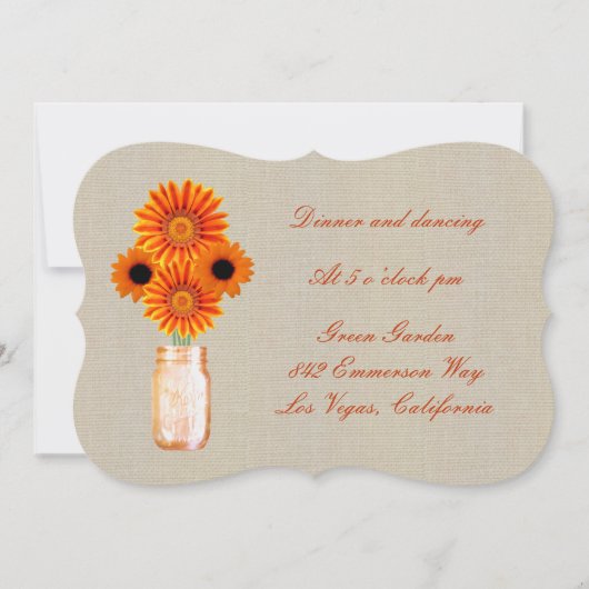 Burlap Rustic Orange Mason Jar Empfang Card Einladung (Vorderseite)