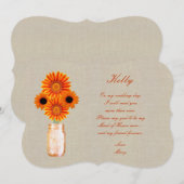 Burlap Rustic Orange Mason Jar Trauzeugin Card Einladung (Vorne/Hinten)