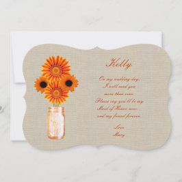 Burlap Rustic Orange Mason Jar Trauzeugin Card Einladung
