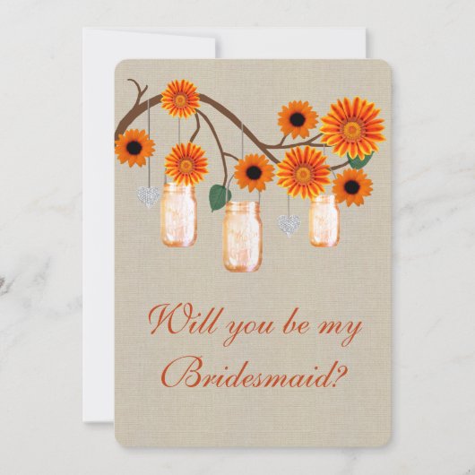 Burlap Rustic Orange Mason Jars Bridesmaid Card Einladung (Vorderseite)