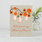 Burlap Rustic Orange Mason Jars Trauzeugin Card Einladung (Stehend Vorderseite)