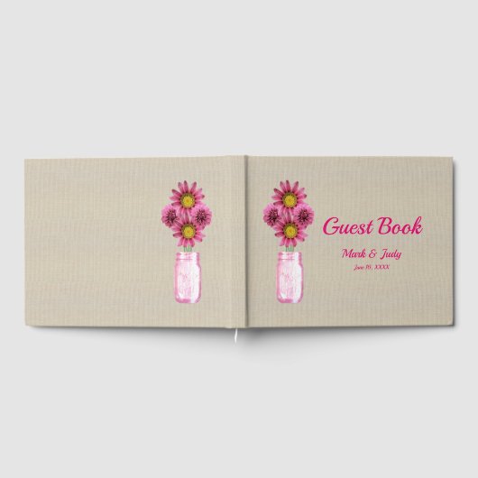 Burlap Rustic Pink Floral Mason Jar Wedding Gästebuch (Voll)