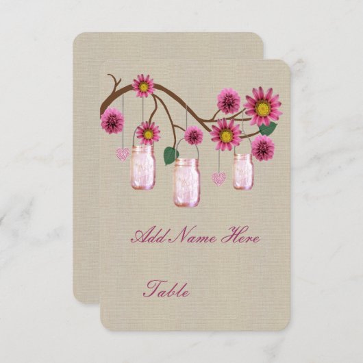 Burlap Rustic Pink Mason Jars Table Platzkarte (Vorne/Hinten)