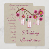 Burlap Rustic Pink Mason Jars Wedding Einladung (Vorne/Hinten)
