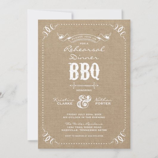 Burlap Rustic Probe Dinner GRILLEN Einladung (Vorderseite)