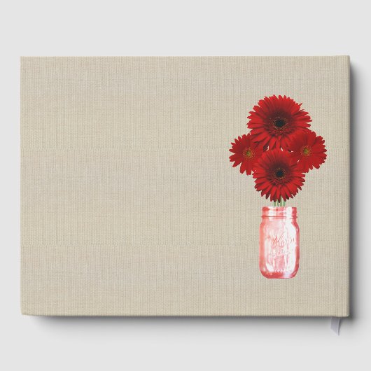 Burlap Rustic Red Floral Mason Jar Wedding Gästebuch (Rückseite)