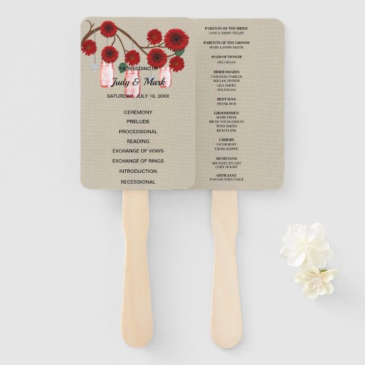 Burlap Rustic Red Floral Mason Jars Wedding Fächer (Vorne und Hinten)