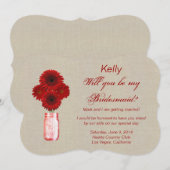 Burlap Rustic Red Mason Jar Bridesmaid Card Einladung (Vorne/Hinten)