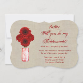 Burlap Rustic Red Mason Jar Bridesmaid Card Einladung