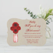 Burlap Rustic Red Mason Jar Bridesmaid Card Einladung (Stehend Vorderseite)