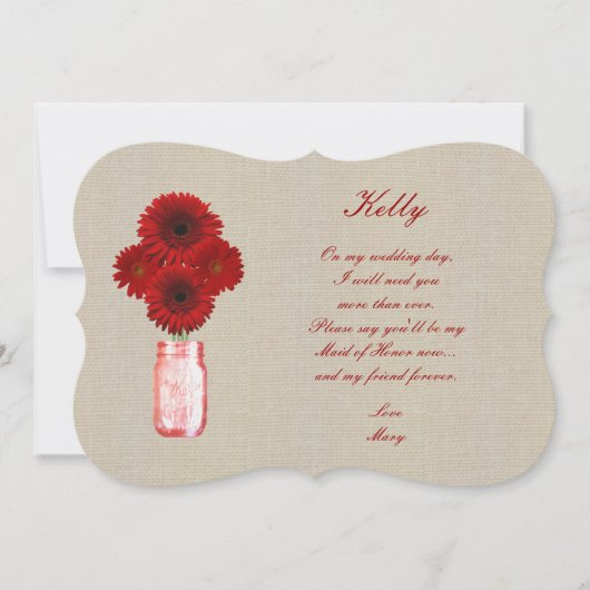 Burlap Rustic Red Mason Jar Trauzeugin Card Einladung (Vorderseite)