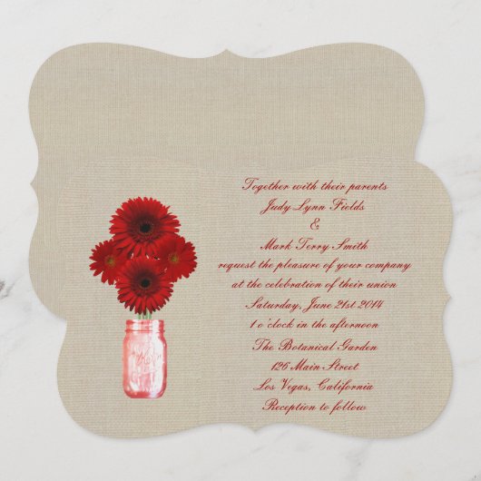 Burlap Rustic Red Mason Jar Wedding Einladung (Vorne/Hinten)