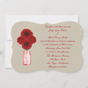 Burlap Rustic Red Mason Jar Wedding Einladung