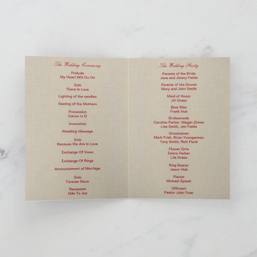 Burlap Rustic Red Mason Jars Programmkarte Programm (Innenseite)