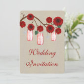 Burlap Rustic Red Mason Jars Wedding Einladung (Stehend Vorderseite)