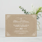 Burlap Rustic Vintag Script Probe Dinner Einladung (Stehend Vorderseite)