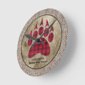 Burlap Rustic Wood Red Buffalo Kariert Bear Paw Runde Wanduhr (Winkel)