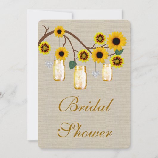 Burlap Rustic Yellow Mason Jar BridalShower Einlad Einladung (Vorderseite)