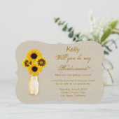 Burlap Rustic Yellow Mason Jar Bridesmaid Card Einladung (Stehend Vorderseite)