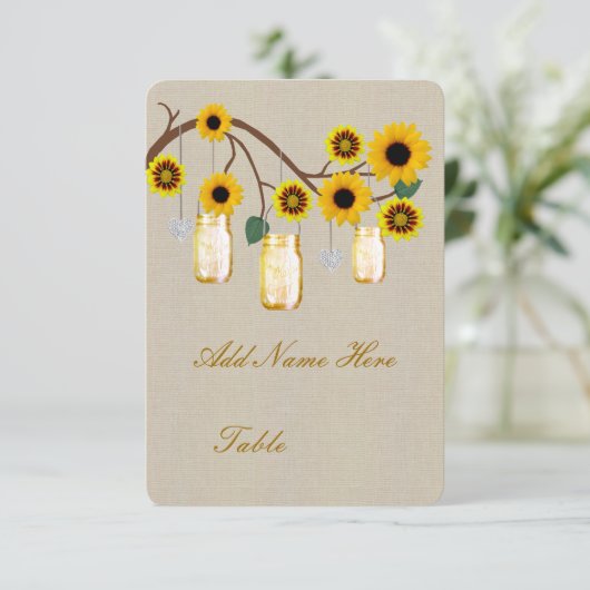 Burlap Rustic Yellow Mason Jars Table Platzkarte (Stehend Vorderseite)