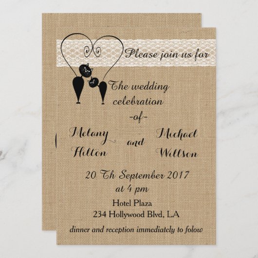 Burlap rustikale lustige Katzen in der Liebe Hochz Einladung (Vorne/Hinten)