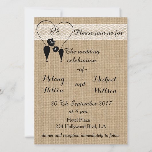 Burlap rustikale lustige Katzen in der Liebe Hochz Einladung (Vorderseite)