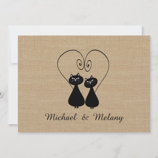 Burlap rustikale lustige Katzen in der Liebe Hochz Einladung (Rückseite)