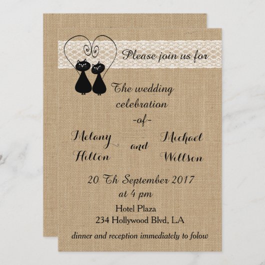 Burlap rustikale lustige Katzen in der Liebe Hochz Einladung (Vorne/Hinten)