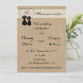 Burlap rustikale lustige Katzen in der Liebe Hochz Einladung (Stehend Vorderseite)