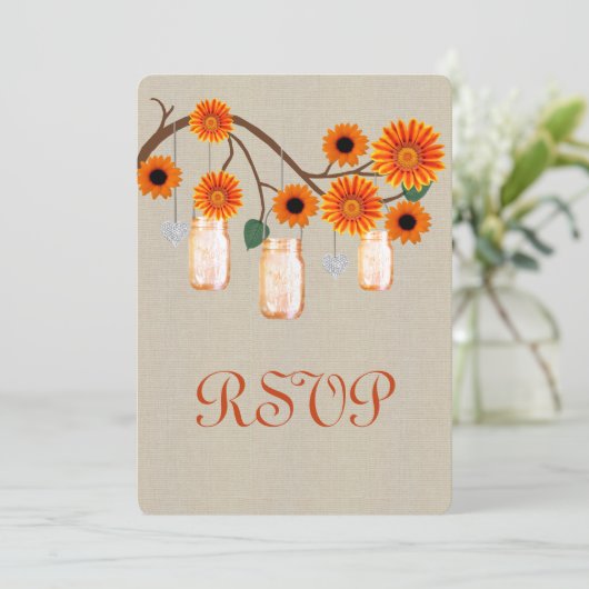 Burlap Rustikale Orange Mason Jars Response Card Einladung (Stehend Vorderseite)
