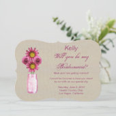 Burlap Rustikale Pink Mason Jar Bridesmaid Card Einladung (Stehend Vorderseite)