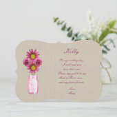 Burlap Rustikale rosa Mason Jar Trauzeugin Card Einladung (Stehend Vorderseite)