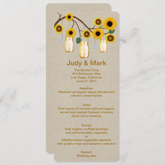 Burlap Rustikale Yellow Mason Jars Menükarte (Vorne/Hinten)