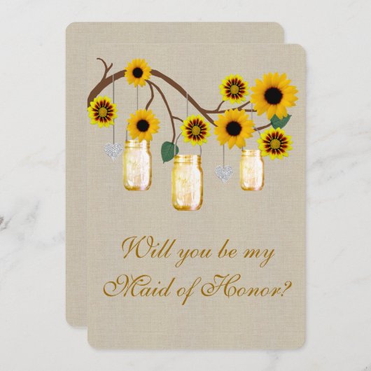 Burlap Rustikale Yellow Mason Jars Trauzeugin Card Einladung (Vorne/Hinten)