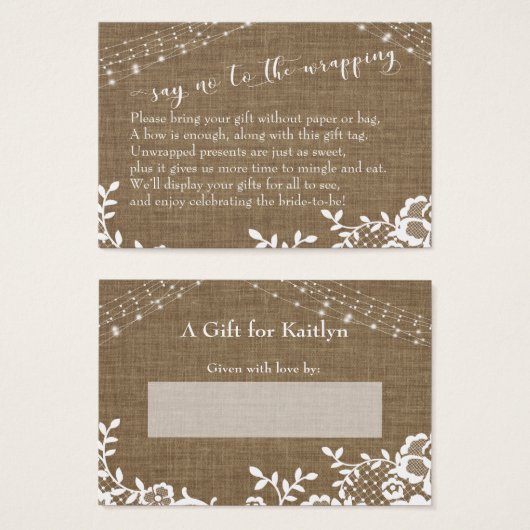 Burlap Sage No to Wrapping Brautparty Geschenkkart (Vorne & Hinten)