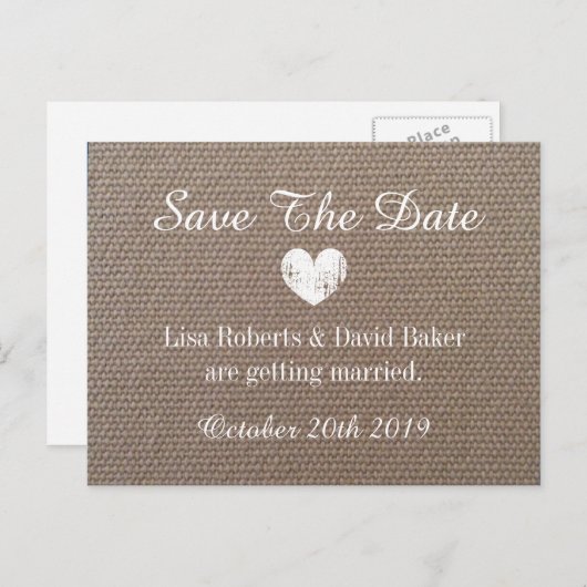 Burlap Save the Date Hochzeitskarte mit Herz Ankündigungspostkarte (Vorne/Hinten)