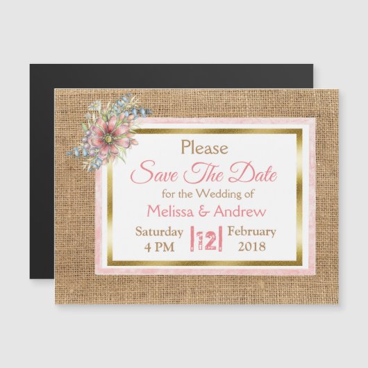 Burlap Shabby Floral Save the Date Wedding Magnet (Vorne/Hinten)