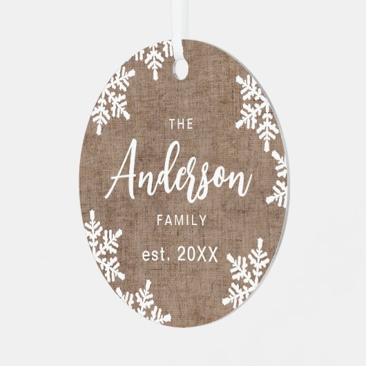 Burlap Snowflakes Custom Family Name Skriptschrift Ornament Aus Metall (Vorderseite links)