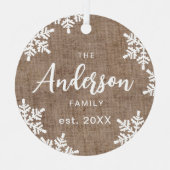 Burlap Snowflakes Custom Family Name Skriptschrift Ornament Aus Metall (Vorderseite)