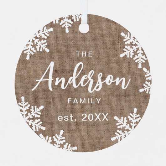 Burlap Snowflakes Custom Family Name Skriptschrift Ornament Aus Metall (Vorderseite)