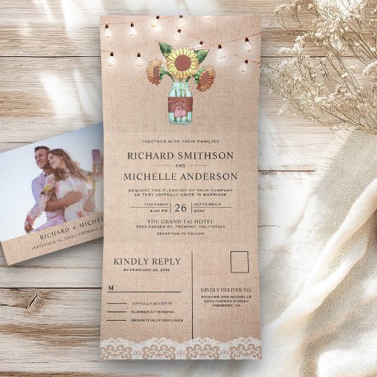 Burlap Sonnenblume Mason Jar String Lights Hochzei Dreifach Gefaltete Einladung