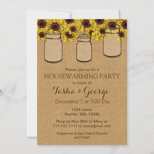 Burlap Sonnenblumen Mason Jars Hauswärme Einladung (Vorderseite)