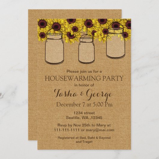 Burlap Sonnenblumen Mason Jars Hauswärme Einladung (Vorne/Hinten)